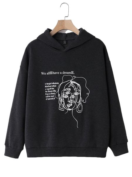 

figure & slogan graphic drop shoulder thermal hoodie r6hr#, Black