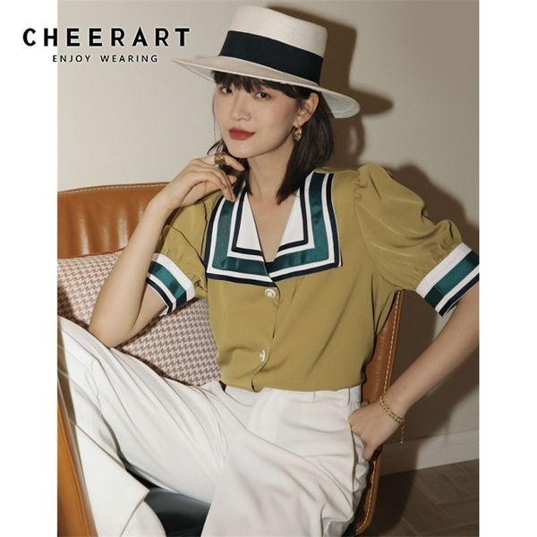 CHEERART Vintage Sailor Kragen Puff Sleeve Bluse Frauen Gelb Sommer Damen Top Satin Kurzarm Koreanische Bluse Kleidung 220527