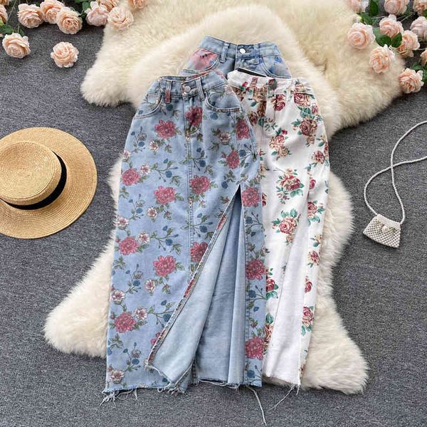 

two piece dress spring high waist split print denim skirt medium length, small and versatile, loose a-shaped buttock r5pm, White