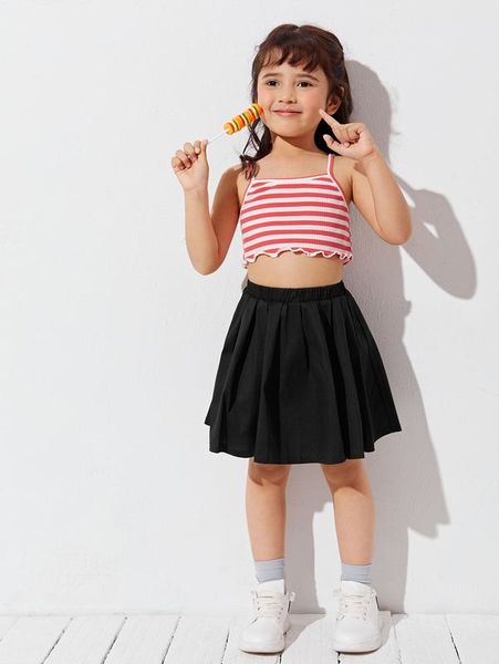 

toddler girls lettuce trim striped cami & skirt set she, White