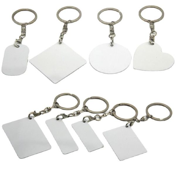 Sublimação em branco em branco Keychains metal ornament estilo mulit cadeias de chave lateral dupla t pingente de transferência de calor com anel de chave