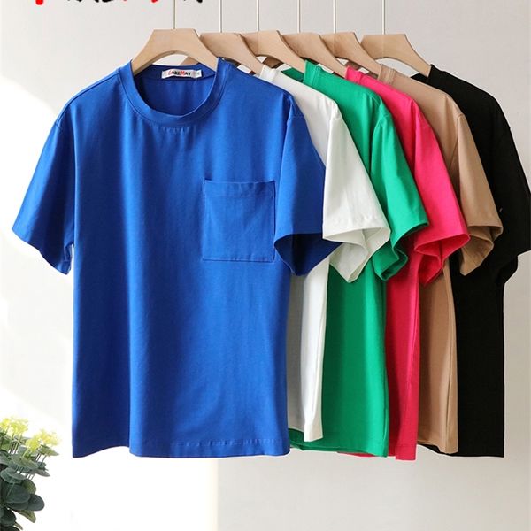 

women's cotton t-shirt short sleeve casual solid basic women summer green soft knitted pocket o-neck tshirts for women 220511, White