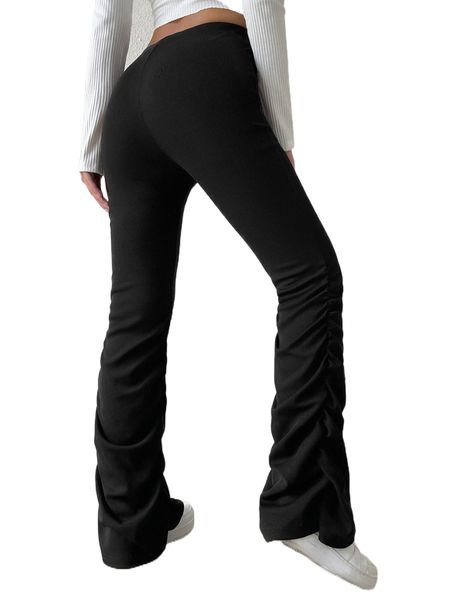 

high waist ruched side flare leg pants r4pr#, Black;white