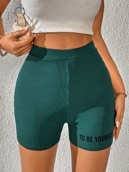 

slogan graphic ribbed knit biker shorts s21j#, White;black