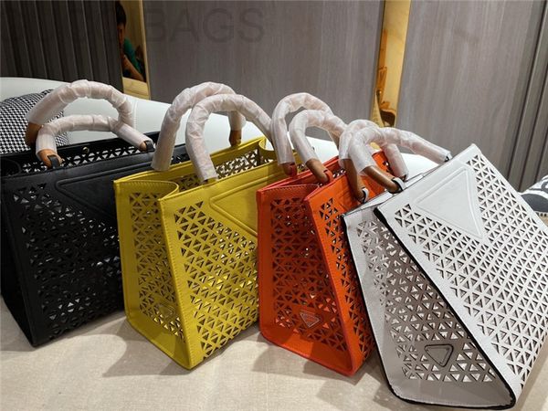 

designer triangular design hand bag embossing hollow square basket leather bucket the wooden handle with letters