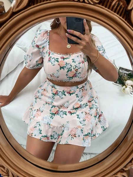 

plus floral print pom pom trim shirred blouse & ruffle hem skirt d23m#, Black