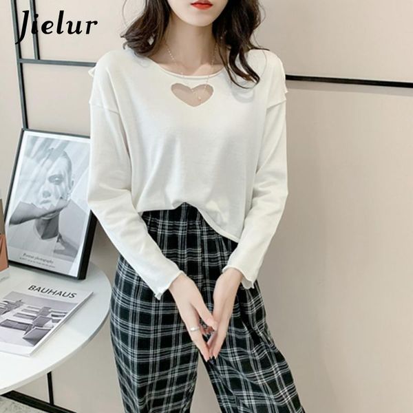 

women's t-shirt cute loving heart hollow women girls autumn korean fashion loose crop female knitwear white pink knitted tee