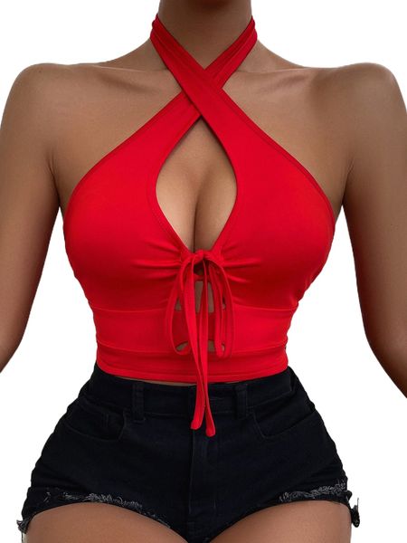 

solid crisscross tie back crop halter t50q#, White
