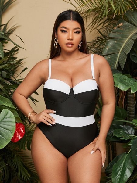 

plus colorblock push up one piece swimsuit 91go#, White;black