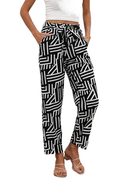 

high waist geo print belted pants k7bb#, Black;white