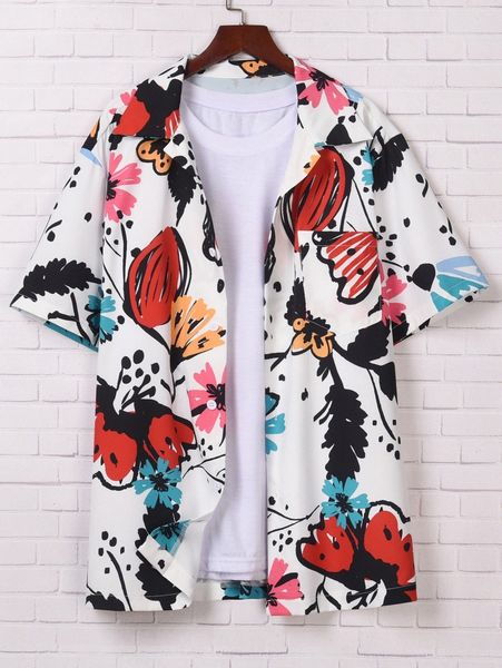 

romwe guys allover floral print shirt without tee 44nw#, White;black