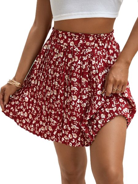 

ditsy floral paper bag waist pleated skirt m4js#, Black
