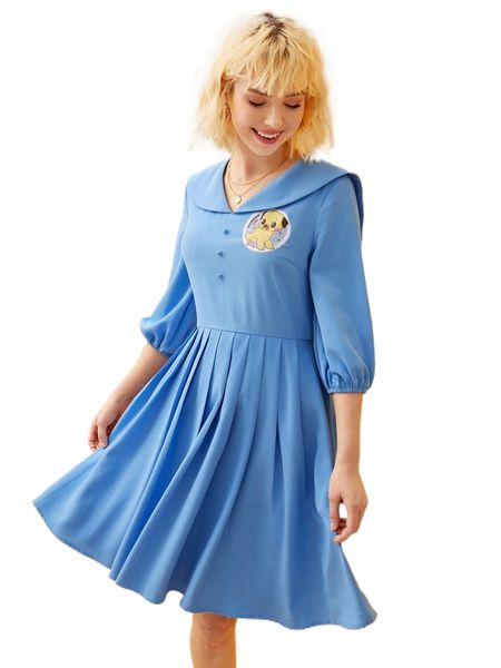 

x elenapugger cartoon graphic sailor collar pleated hem dress 41hx#, Black;gray
