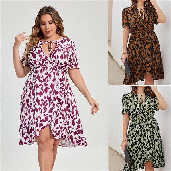 

3 colors womens plus size dresses leopard print dress short sleeve deep v neck a-line skirt, Black