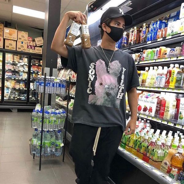 T-shirt da uomo e da donna sonica a manica corta stampata a maniche corte in cotone lavato retrò vintage con coniglio