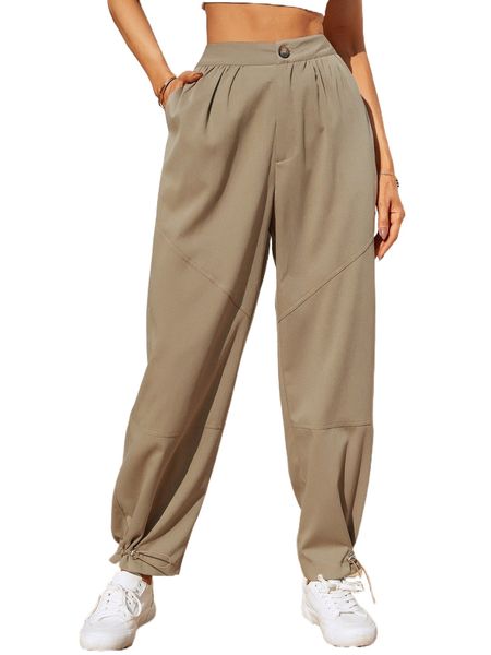 

solid slant pocket drawstring hem pants q8xz#, Black;white