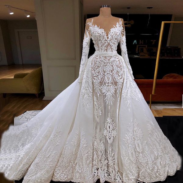 

elegant mermaid wedding dresses illusion long sleeves bridal gown custom made lace appliques with detachable train robes de mariÃ©e, White