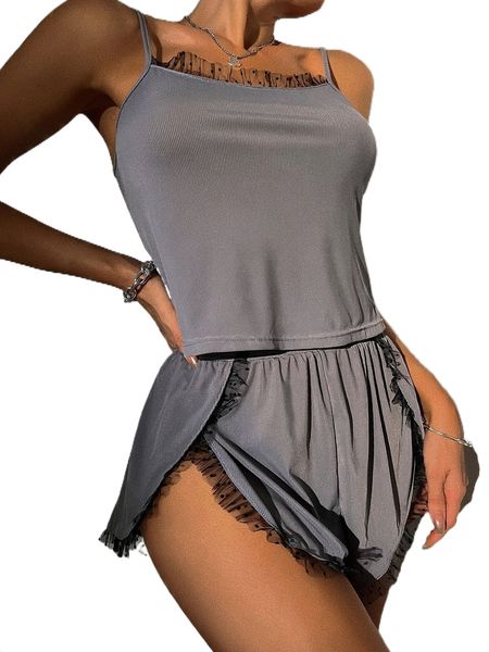 

contrast dobby mesh frill trim pj set a8aa#, Black;red