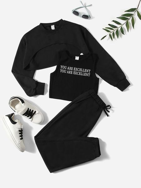 

girls high low hem tee & slogan graphic tank and sweatpants she, White