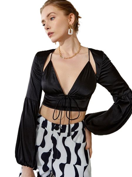 

cut out lantern sleeve tie front satin crop blouse j0gy#, White