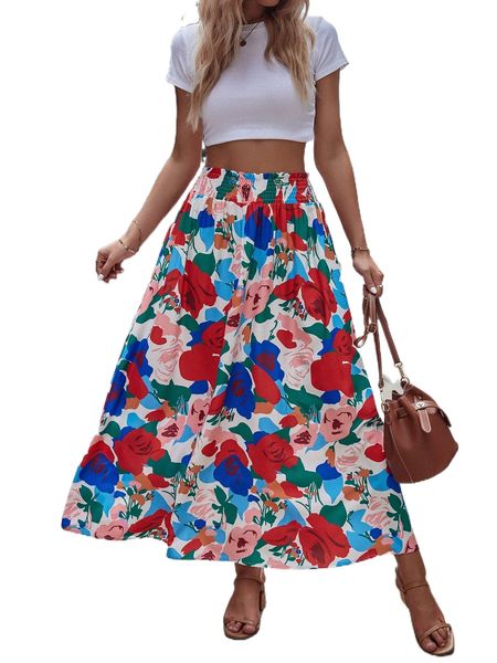 

allover floral print shirred waist skirt q7ao#, Black