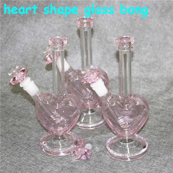 Narghilè Bong in vetro 9 pollici a forma di cuore Regalo di San Valentino Pipa ad acqua di colore rosa Dab Oil Rigs con 14mm Fumo di erbe secche Ciotole raccoglitore di cenere