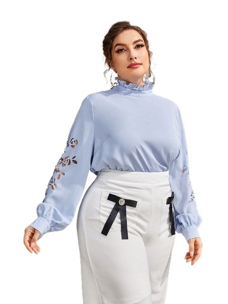 

plus mock neck cut out bishop sleeve blouse k05z#, Black