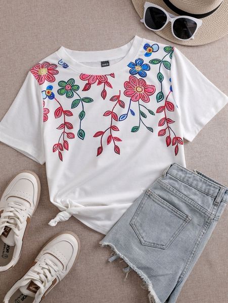 

drop shoulder floral embroidery tee v6au#, White