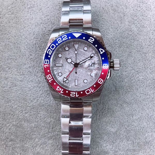 

st9 steel automatic mechanical watch gmt pepsi strap red blue meteorite dial bezel big date sapphire glass 40mm men watches wristwatches, Slivery;brown