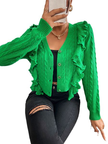 

ruffle trim cable knit cardigan r6bg#, White;black