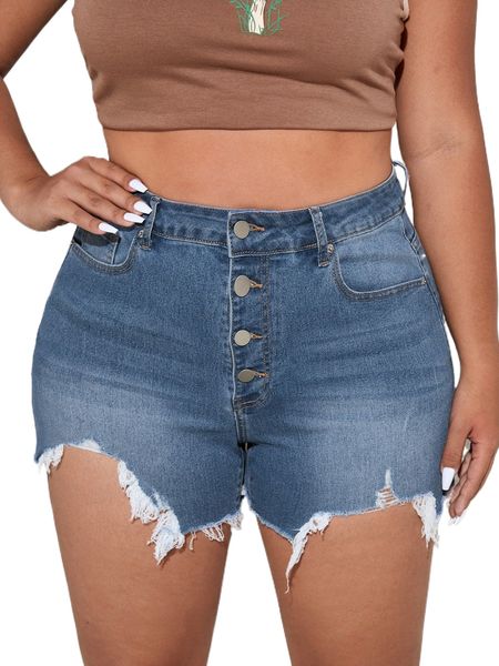 

plus raw hem button front denim shorts 899y#, White;black