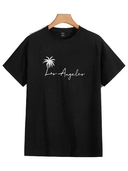 

men coconut tree & letter graphic tee r7f5#, White;black