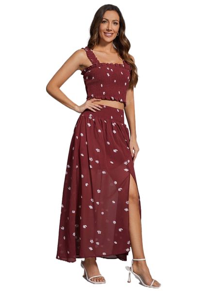 

x vickie frill trim shirred floral & split thigh semi sheer skirt set i71r#, White