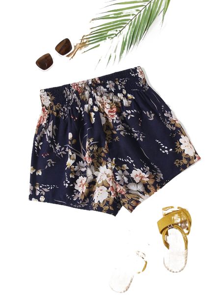 

shirred waist floral shorts k0jb#, White;black