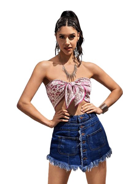 

floral print knot front crop tube x0ey#, White