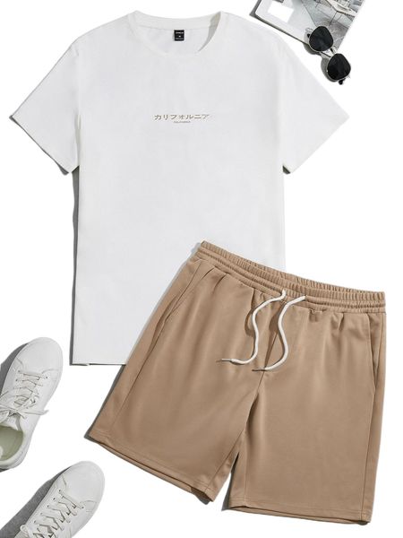 

men japanese letter graphic tee & track shorts 66w0#, Gray