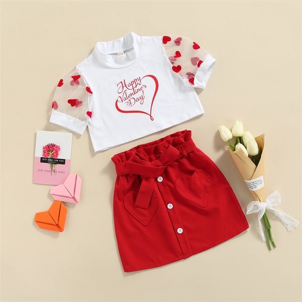 

focusnorm valentines days 2 7y toddler girls 2pcs clothes sets heart letter mesh puff sleeve t shirts bowknot skirt 220620, White