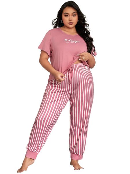 

plus letter graphic tee & striped pants pj set z1tl#, Black;white