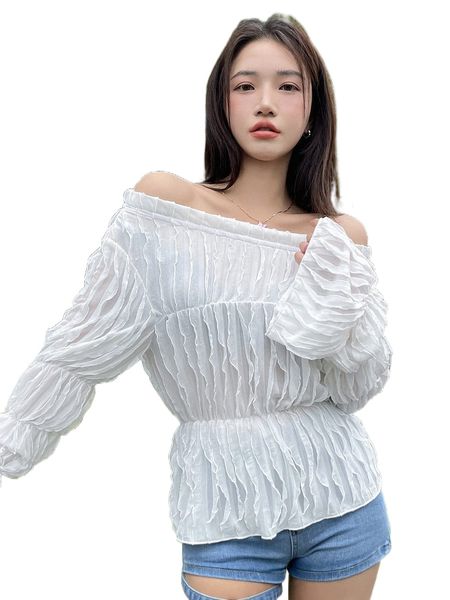 

dazy off shoulder flounce sleeve peplum blouse m28s#, White