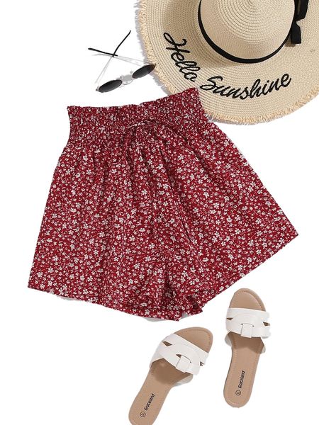

ditsy floral frilled shirred waist knot front shorts h4xm#, White;black
