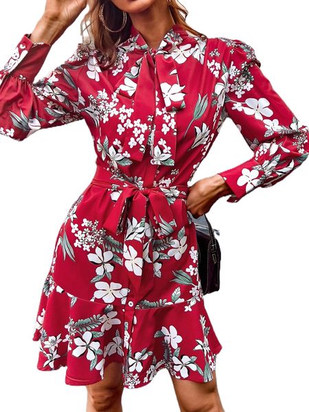 

floral print puff sleeve ruffle hem tie neck belted dress o6pb#, Black;gray