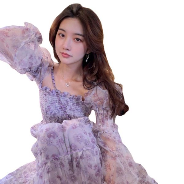 

women's swimwear 2022 summer lace elegant midi dress women puff sleeve square collar boho beach floral female party one piece korean, Black;gray