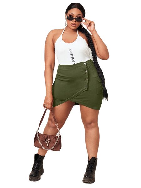 

sxy plus flap pocket button side bodycon skirt o1ln#, Black