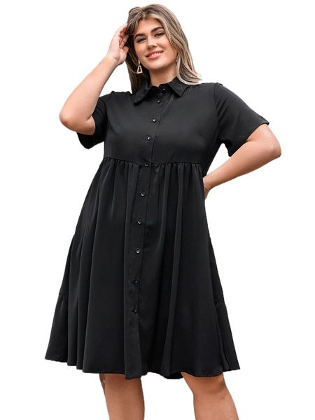 

plus ruched ruffle hem smock dress l6m3#, Black