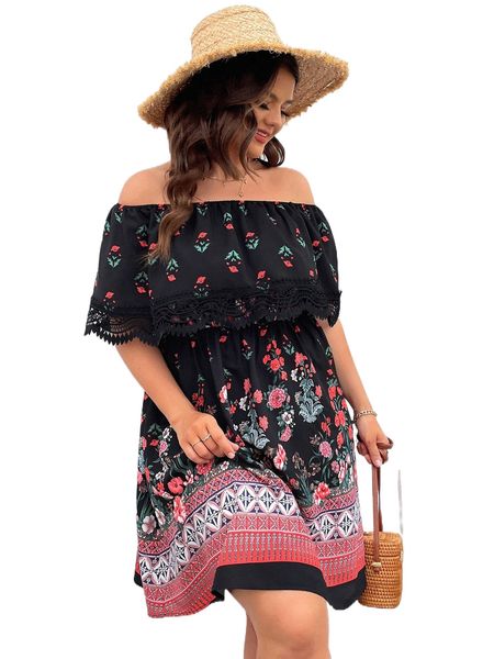 

plus floral print guipure lace panel bardot dress p0sq#, Black
