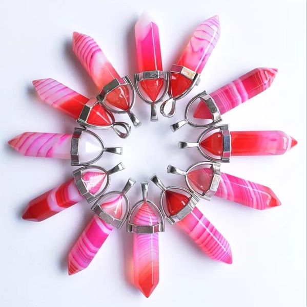 

purple pink green stripe onyx pillar shape charms point chakra agate stone pendants for necklace earrrings jewelry making, Bronze;silver