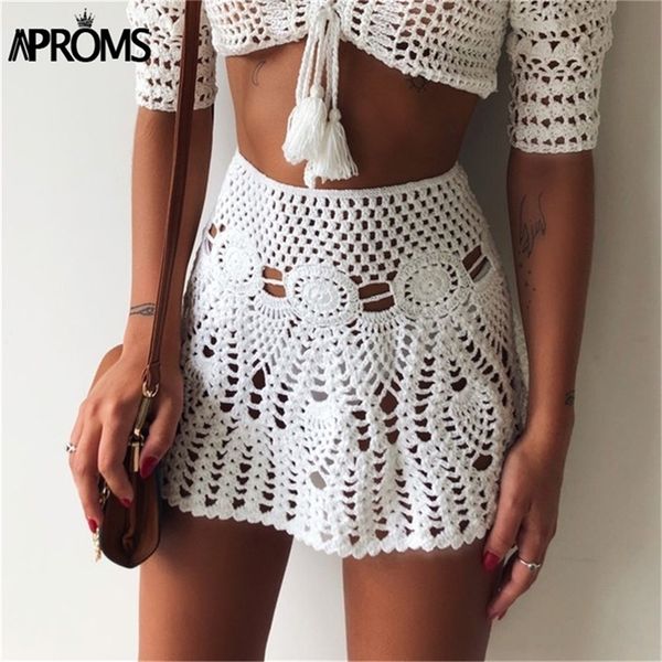 

aproms candy color handmade cotton knitted crochet mini skirts women summer hollow out high waist beach skirt white bottoms lj200820, Black