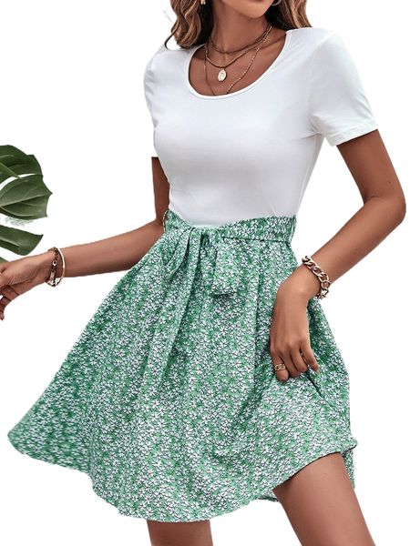

ditsy floral scoop neck belted dress 14fz#, Black;gray