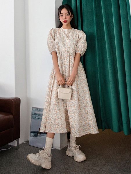 

dazy ditsy floral print puff sleeve dress a5kg#, Black;gray