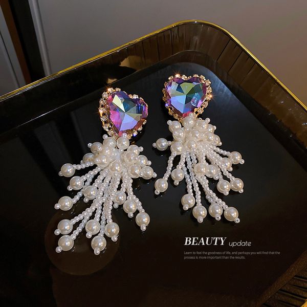 

925 silver needle colorful purple rhinestone love pearl tassel earrings european and american fashion creative drop earrings online influenc, Golden